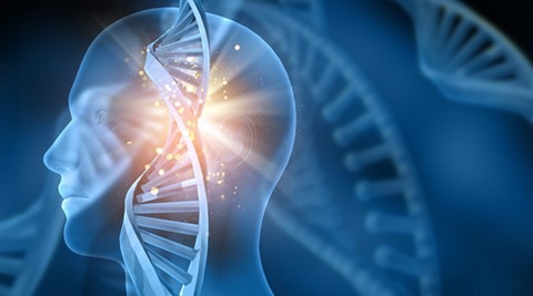 3D medical background with DNA strands and male head