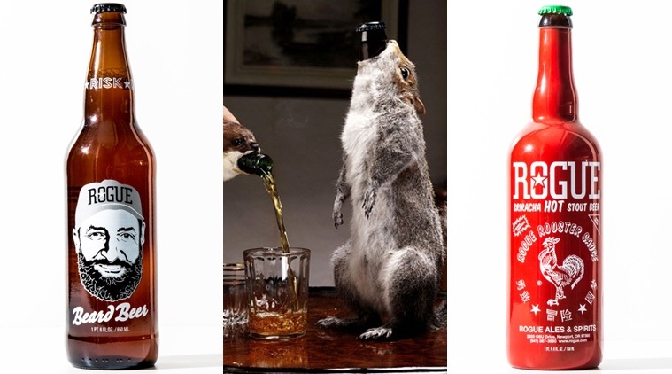 Rogue Ales' beard beer (L), Brewdog's The End of History beer (C) and Sriracha Hot Stout beer.