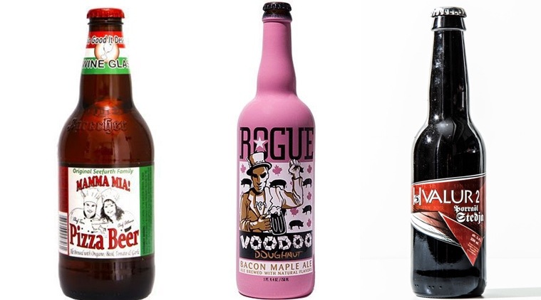 From L to R: Pizza beer, Bacon and maple syrup beer and Sheep dung and smoked whale testicles beer.