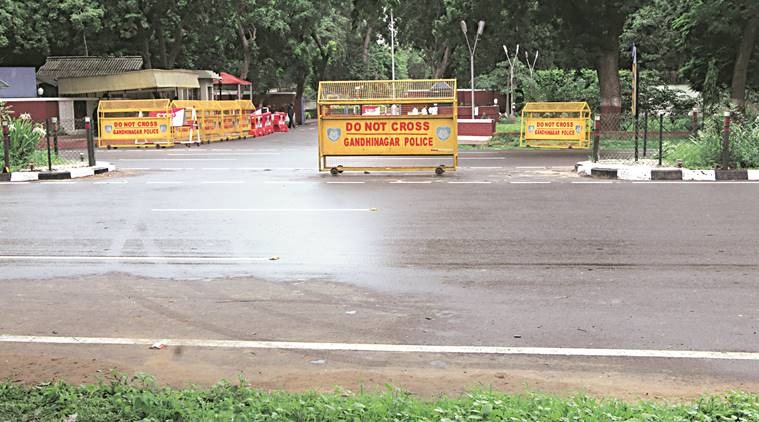 jr02-gandhi-01 The entrance towards the Chief Minister's Bungalow at Ministerial Enclave in Gandhinagar, on Tuesday. General public was allowed to meet the Chief Minister even without prior permission, though media was not allowed. express photo javed raja 2-8-2016