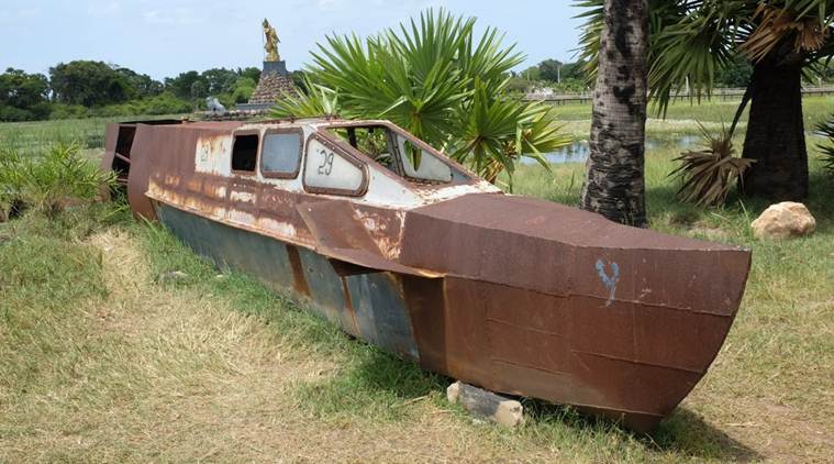 A submarine seized from the LTTE on display in Puthukudiyiruppu 