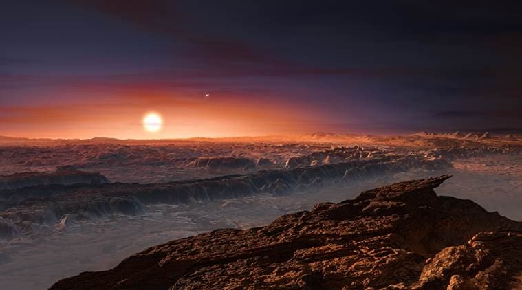 This artist rendering provided by the European Southern Observatory shows a view of the surface of the planet Proxima b orbiting the red dwarf star Proxima Centauri, the closest star to the Solar System. The double star Alpha Centauri AB also appears in the image to the upper-right of Proxima itself. Proxima b is a little more massive than the Earth and orbits in the habitable zone around Proxima Centauri, where the temperature is suitable for liquid water to exist on its surface. (European Southern Observatory via AP)