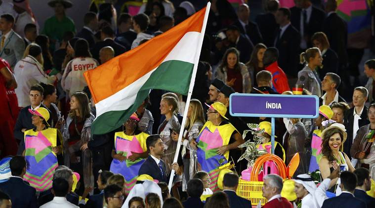 2016 Rio Olympics - Opening ceremony - Maracana - Rio de Janeiro, Brazil - 05/08/2016. Flagbearer Abhinav Bindra (IND) of India takes part in the opening ceremony. REUTERS/Ivan Alvarado FOR EDITORIAL USE ONLY. NOT FOR SALE FOR MARKETING OR ADVERTISING CAMPAIGNS.