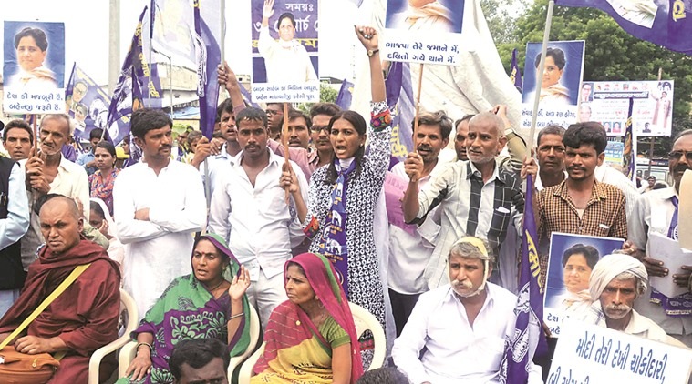 una, una dalit, una dalit flogging, una dalit thrashing, una cow skinning, mayawati in una, mayawati, bsp, uttar pradesh elections, uttar pradesh votes, dalit voters, maya meets dalit, indian express news, india news