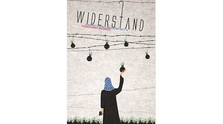 ABVP protests, ABVP protest in Pondicherry University, Pondicherry University, campus magazine, campus magazine distribution, campus magazine distribution stopped, BJP, BJP protest, hrd ministry, puducherry bjp, bjp puducherry, abvp, nda government article, bad article on smriti irani, indian express news