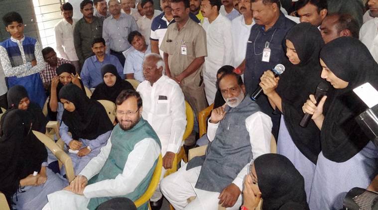 Musheerabad: Union HRD Minister Prakash Javadekar interacts with students at a Government School in Musheerabad, in Hyderabad on Saturday.PTI photo(PTI8_13_2016_000212B)