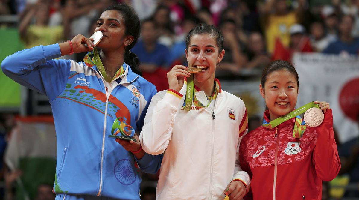 2016 Rio Games - PV Sindhu (silver), Carolina Marin (gold) and Nozomi Okuhara (bronze) - AP