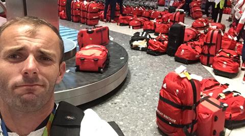 identical baggage British olympic team, red bags Heathrow, olympic team same bags, Matt Langridge, Nick Dempsey, Team GB