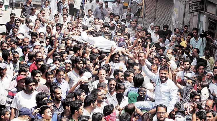 At Riyaz Ahmad Shah’s funeral in Srinagar. (Express Photo by Shuaib Masoodi)