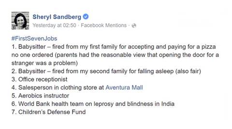 #FirstSevenJobs, first seven jobs hashtag, sheryl sandberg, facebook, buzz aldrin,