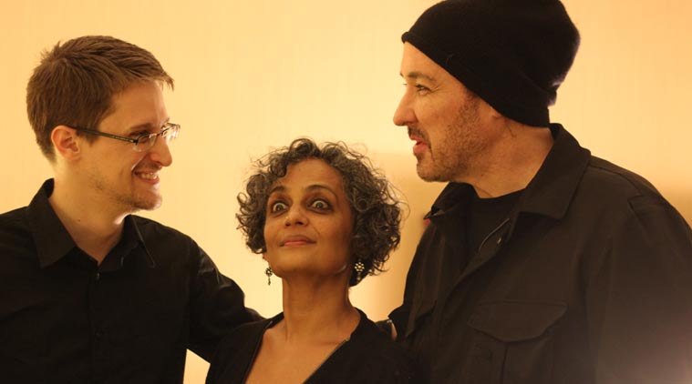 Edward Snowden with Arundhati Roy and John Cusack. (Source: Ole von Uexküll)