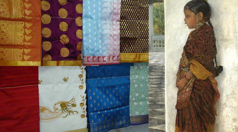 (left) Kanjeevaram silk saris; a painting depicting a girl wearing a Pochampalli sari. (Source: Swasti Pachauri; Wikimedia Commons)