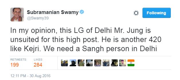 Subramanian Swamy, Najeeb Jung, Delhi LG Jung, Swamy Jung, Swamy Delhi LG, Arvind Kejriwal, Swamy Sangh parivar, news, india news
