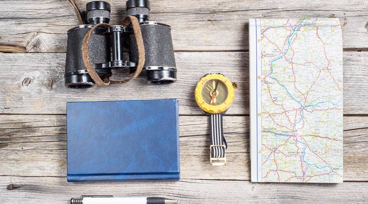 Traveler's equipment include map binocullars notebook pen and compass