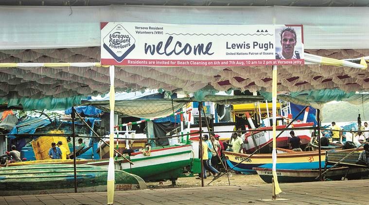 Lewis Pugh, United Nations Patron of Oceans, was part of a beach clean-up at Versova at the jetty area. Express photo by Aman Deshmukh. 6th August 2016 Mumbai.
