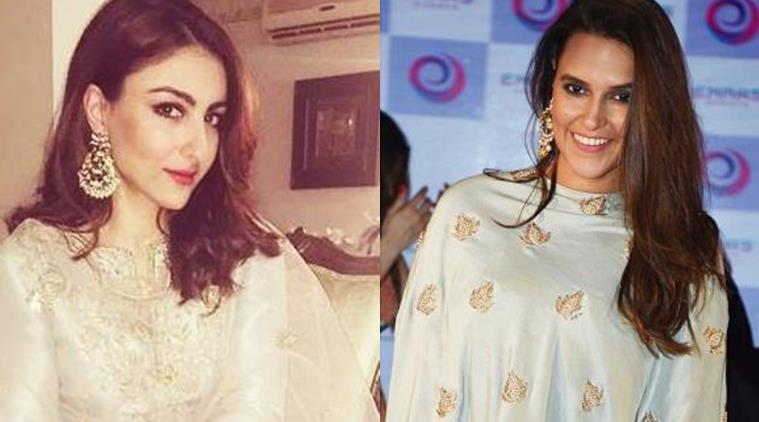 Soha Ali Khan (L) and Neha Dhupia were spotted in Payal Singhal. (Source: Instagram)