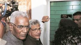 jammu and kashmir news, jammu and kashmir situation, kashmir situation, sitaram yechury detained, d raja detained, left leaders detained in srinagar, yechury detained in srinagar, article 370, article 370 scrapped, jammu and kashmir bifurcation, india news, Indian Express