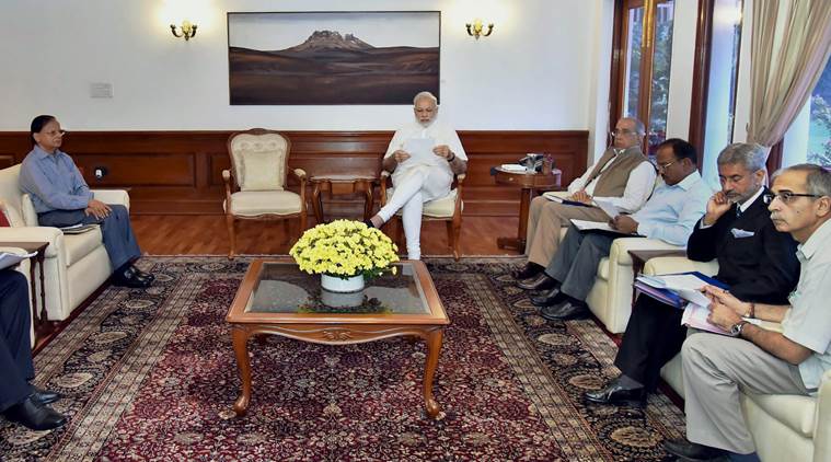New Delhi: Prime Minister Narendra Modi chairing the meeting on Indus Water Treaty in New Delhi on Monday. PTI Photo / PIB (PTI9_26_2016_000098B)