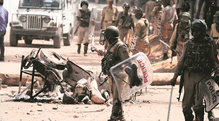 During protests in Srinagar, Friday. Express Photo by Shuaib Masoodi