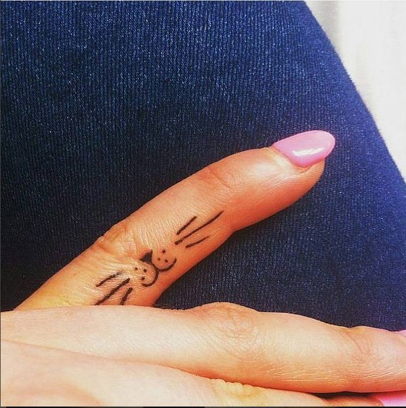 Cute Cat Face Tattoo On Girl Finger