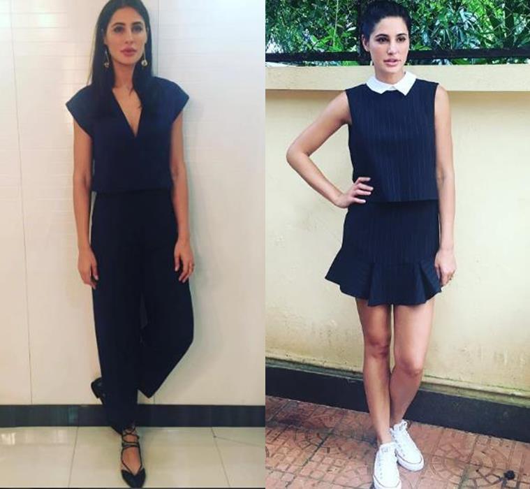 Nargis Fakhri in Shift by Nimish Shah navy blue jumpsuit (L) and a dress by BCBG Max Azria. (Source: Instagram/Nargis Fakhri)