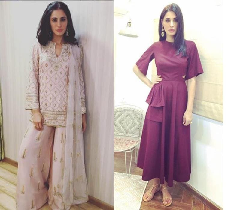 Nargis Fakhri in a Payal Singhal sharara (L) and Manika Nanda cut-out dress. (Source: Instagram/Nargis Fakhri)