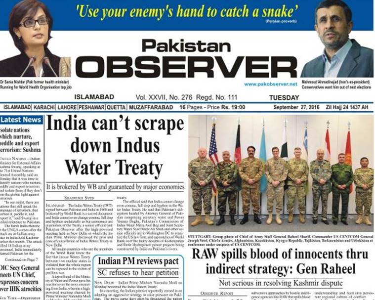 sushma swaraj, pakistani media, pak media on india, sushma speech unga, indus waters treaty, india pressurising pakistan, india-paksitan relations, pakistan attacking india, pakistani media covering uri, pak media on india