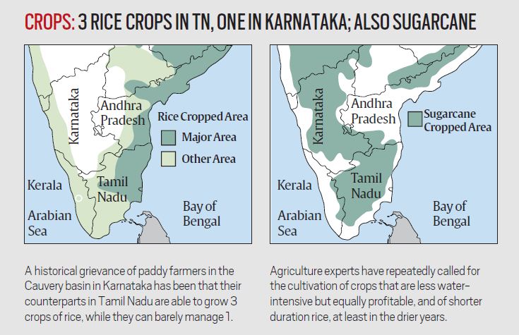 Sources: Reservoir storage data from Central Water Commission Weekly Report on 91 Important Reservoirsfor week ending September 15, 2016 (latest available); map details and related information from Report of the Cauvery River Water Disputes Tribunal; Rainfall, irrigation and crop patterns data from India Meteorological Department and Statistical Yearbook, India. Graphic: Subrata Dhar