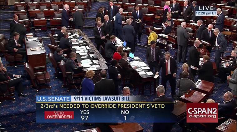 This frame grab from video provided by C-SPAN2, shows the floor of the Senate on Capitol Hill in Washington, Wednesday, Sept. 28, 2016, as the Senate acted decisively to override President Barack Obama's veto of Sept. 11 legislation, setting the stage for the contentious bill to become law despite flaws that Obama and top Pentagon officials warn could put U.S. troops and interests at risk. (C-SPAN2 via AP)