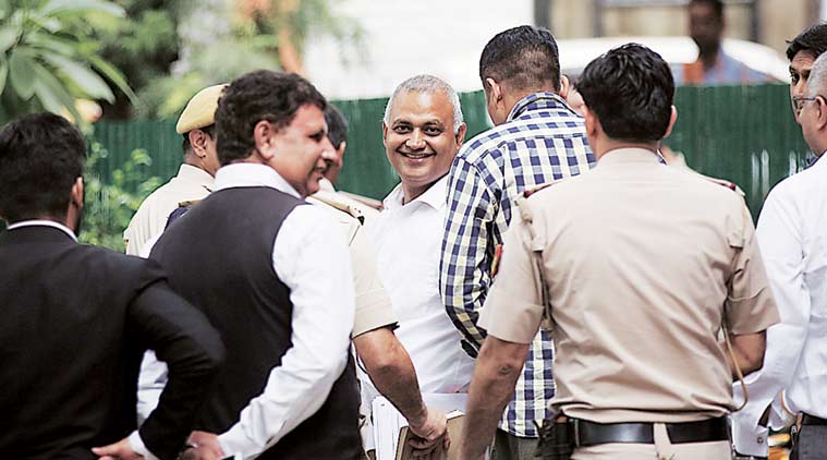 Somnath Bharti at the Saket court Thursday. (Express Photo by Tashi Tobgyal)