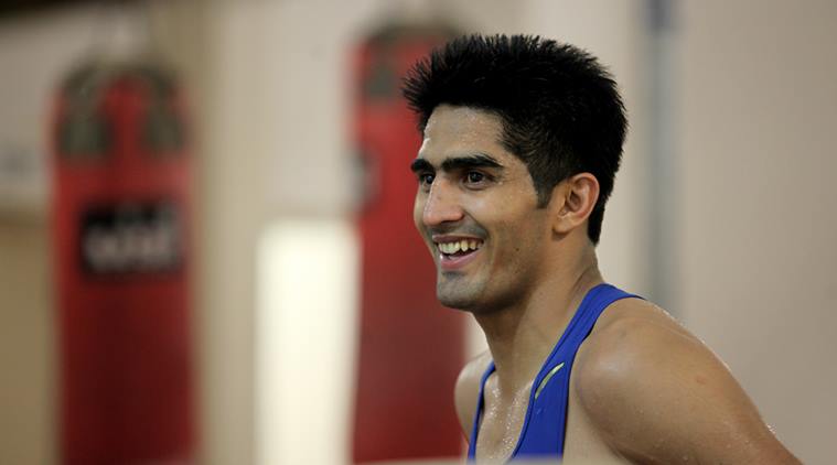 Boxer Vijender Singh at a practice session, a day before leave for Almaty, Kazakhstan, on Friday for the World Boxing Championship, in New Delhi on Oct 10th 2013. Express photo by RAVI KANOJIA.