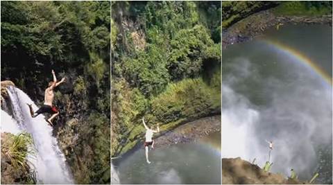 man jumps cliff, man jumps waterfall, waterfall jumps, cliff jumps, waterfall jump videos, cliff jumps videos, viral videos, trending videos, hawaii waterfall video, world news, latest news