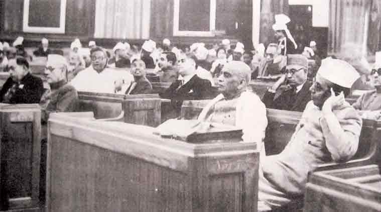 Members of the Constituent Assembly at its first meeting in Constitution Hall, now known as Central Hall, of Parliament, on December 9, 1946. Sardar Vallabhbhai Patel is in the middle, to his left is B G Kher, the Premier of Bombay state, and behind (and in between) them is lawyer and scholar-educationist K M Munshi, the founder of Bharatiya Vidya Bhavan. The Constituent Assembly took 2 years, 11 months and 17 days to complete its historic task of drafting the Constitution. During this period, it held 11 sessions over 165 days, 114 of which were spent on the consideration of the Draft Constitution. Source: Parliament of India, Picture credit: Wikipedia/Public Domain