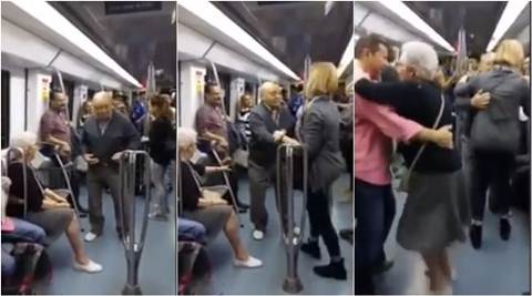 dancing, elderly couple, dancing in mertro, couple dancing in metro, elderly couple dancing in train, elderly couple dancing video, viral video, trending video, latest news, indian express