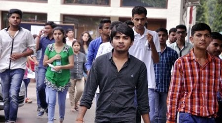 Students after the Paramedical Exam outside Shishu Niketan School in Sector 22 of Chandigarh on Sunday, August 16 2015. Express Photo by Sahil Walia