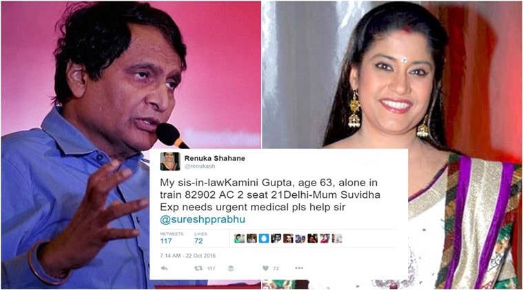 renuka shahane sos tweet to suresh prabhu, suresh prabhu, renuka shahane, suresh prabhu tweet for help, suresh prabhu railways tweet, suresh prabhu sos tweet for help, renuka shahane sos tweet to suresh prabhu, indian express, indian express news