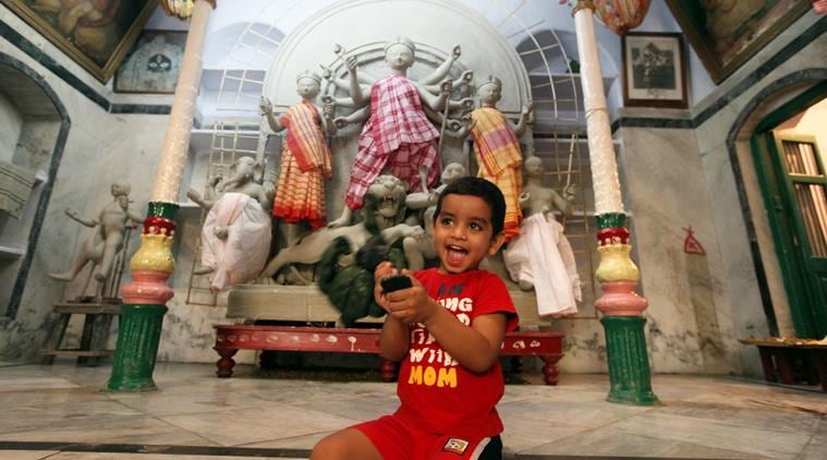 A Durga idol waiting to be adorned inside the house of Kaushik Daw. (Source: Express photo by Partha Paul)
