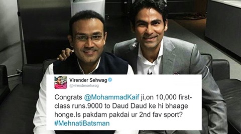 Virender Sehwag, Virender Sehwag twitter, virender sehwag funny tweets, virender sehwag mohammad kaif congrats post, funny chat between sehwag and kaif, mohammad kaif 10,000 runs, indian express, indian express news