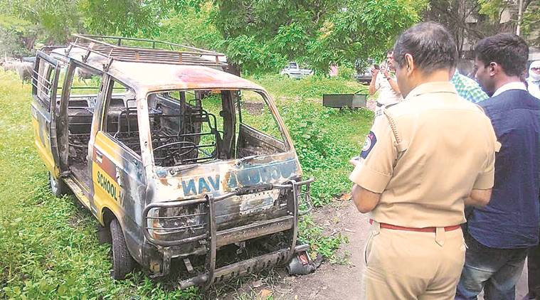 pune, pune news, school van accident, school van catches fire, van fire, indian express news, india news