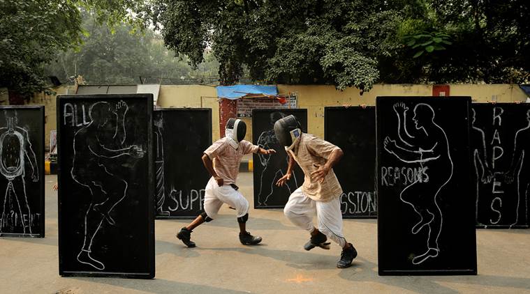 One step at a time: At Jantar Mantar, a performance of Untamed Donkeys. (Source: Express photo by Praveen Khanna)
