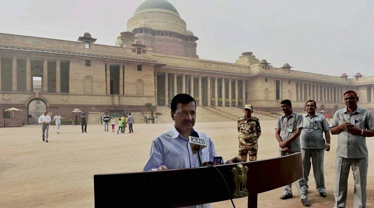 New Delhi: Delhi Chief Minister Arvind Kejriwal talks with newsmen outside Rashtrapati Bhawan after meeting President Pranab Mukherjee on the issue of missing JNU student, in New Delhi on Sunday. PTI Photo by Kamal Kishore (PTI11_6_2016_000063B)