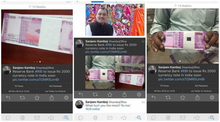 Screenshots of a tweet (now deleted) by a Punjab BJP leader on the government's move to introduce new Rs 2000 note