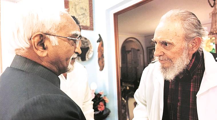 Vice-President Hamid Ansari with Fidel Castro at his home in Havana during their last meeting in 2013.