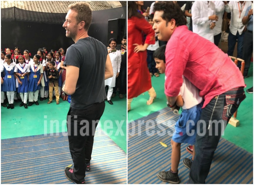 chris martin, sachin tendulkar, chris sachin, chris martin tendulkar, chris martin visits school, chris martin global citizens initiative, chris sacin schaol, chris sachin pictures, chris martin indian visit, chris martin mumbai event, entertainment updates, indian express indian express news