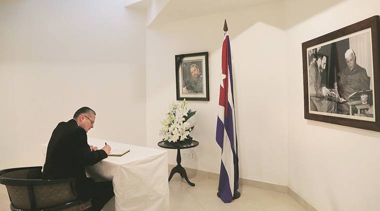 Egyptian ambassador Hatem  Tageldin pays tribute at the Embassy of Cuba. Express Photo by Renuka Puri