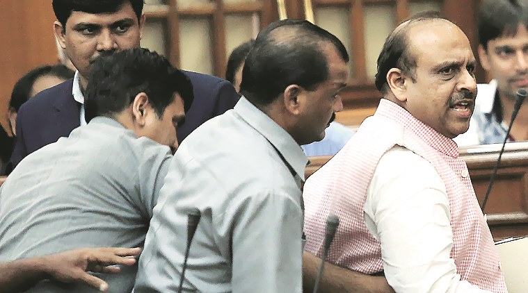 demonetisation, Delhi Assembly, currency notes, Pranab Mukherjee, Arvind Kejriwal, BJP MLA marshalled out, Delhi news, Indian express, national news