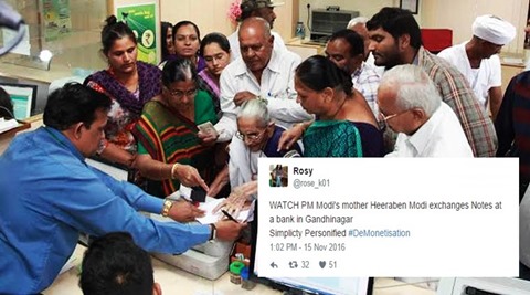 Post-demonetisation, Modi’s 96-yr-old mother gets notes exchanged at the bank, and tweeple love her for it