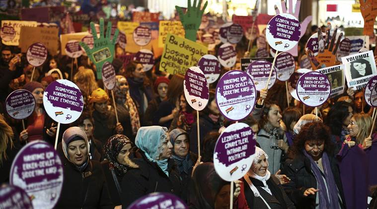Thousands of Turkish women march to protest against a law project by the government, in Istanbul, Friday, Nov. 25, 2016. Following a public outcry, Turkey's government on Tuesday has withdrawn a proposal that critics said would have allowed men accused of sexually abusing underage girls to go free if they were married to their victims. (AP Photo/Emrah Gurel)