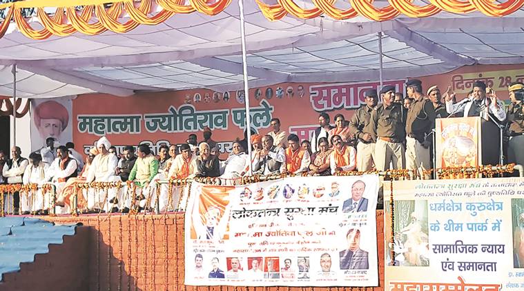 BJP MP Rajkumar Saini during the ‘Samanta Maha Sammelan’ at Kurukshetra on Monday. Express photo