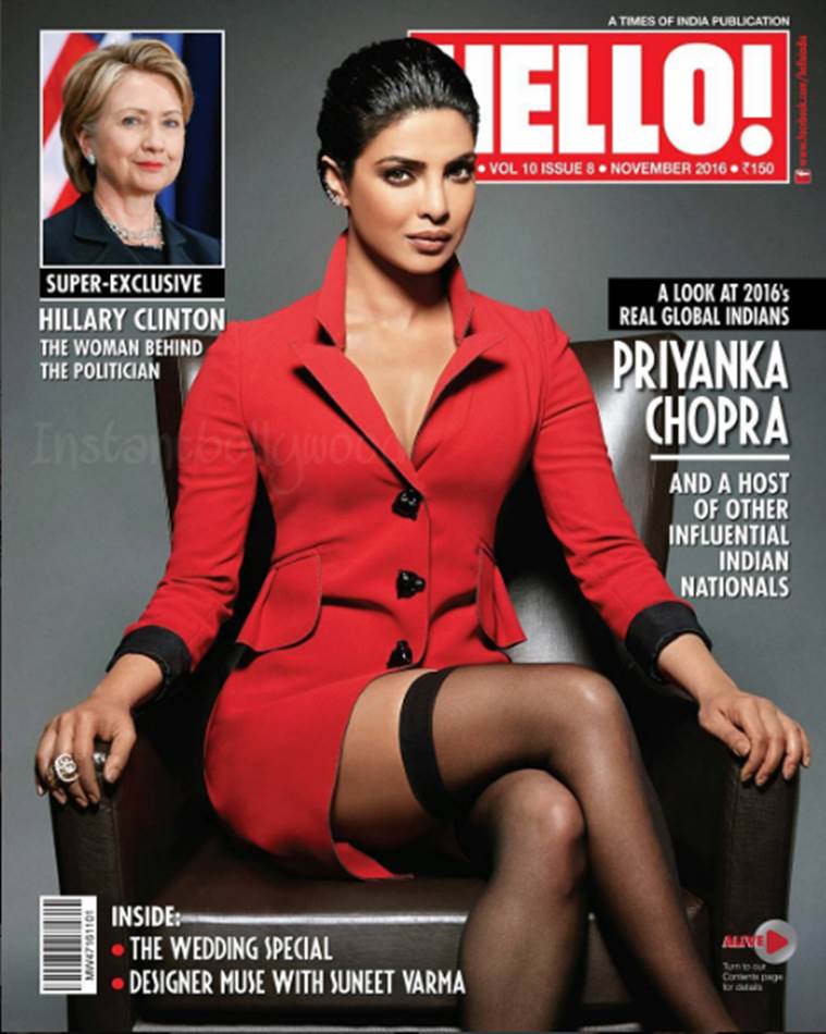 Priyanka Chopra in a red suit-dress.